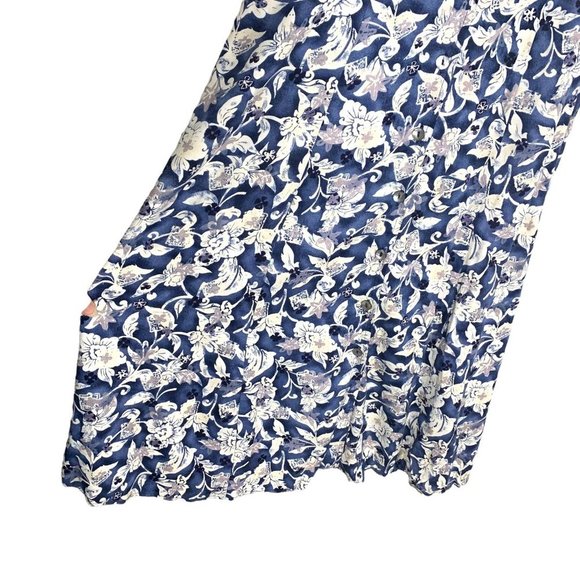 Vintage 90s Blue White Sleeveless Flora Collared Button Up Full Length Dress Lar - Picture 5 of 9
